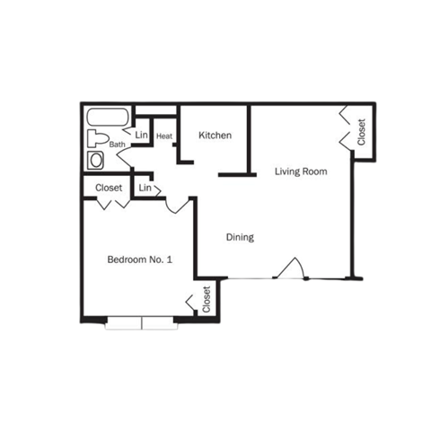 Floor plan for 1 bed, 1 bath, 750 sqft